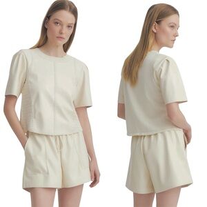 Melissa Nepton Inti Top Vegan Leather Cotton Crochet Mixed Media Blouse Cream